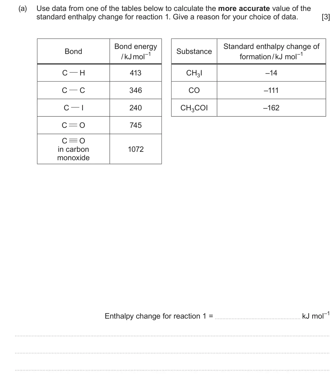 Summer 2025 Unit 3, question 9(a): Use data from one of the tables below to calculate the more accurate value of the standard enthalpy change for reaction 1 Give a reason for your choice of data.