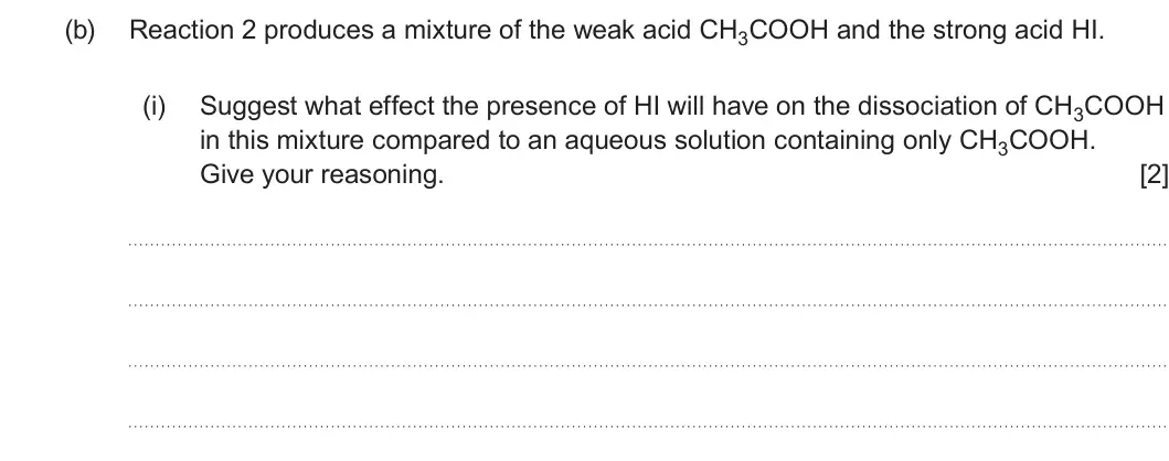 Summer 2025 Unit 3, question 9(b)(i): Suggest what effect the presence of HI will have on the dissociation of CH3COOH in this mixture compared to an aqueous solution containing only CH3COOH. Give yo