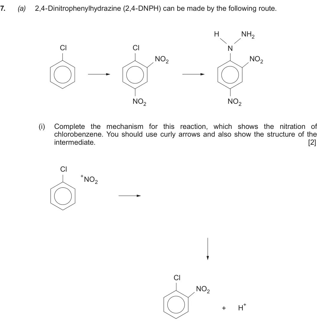 Summer 2018 Unit 4, question 7(a)(i): Complete the mechanism for this reaction, which shows the nitration of chlorobenzene. You should use curly arrows and also show the structure of the intermediat