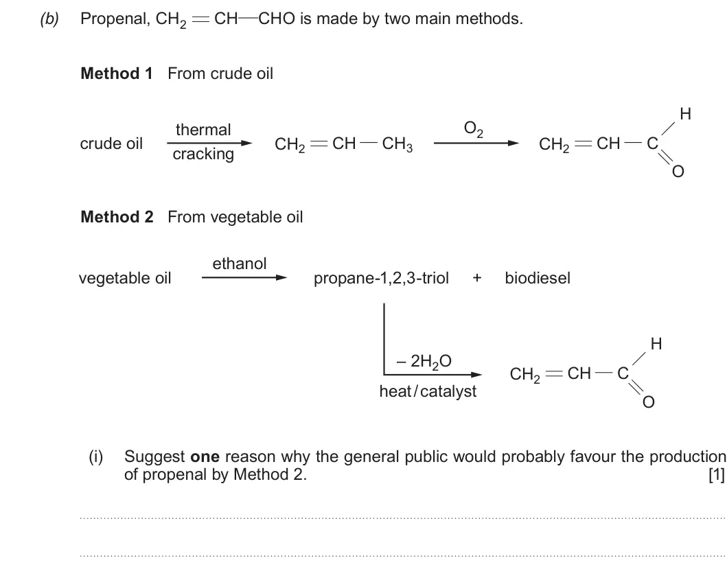 Summer 2019 Unit 4, question 9(b)(i): Suggest one reason why the general public would probably favour the production of propenal by Method 2 [1]