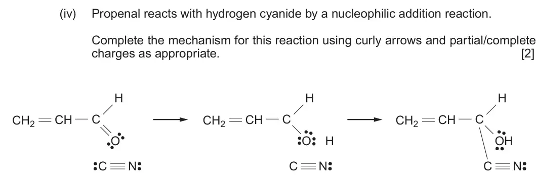 Summer 2019 Unit 4, question 9(b)(iv): Propenal reacts with hydrogen cyanide by a nucleophilic addition reaction. Complete the mechanism for this reaction using curly arrows and partial/complete char