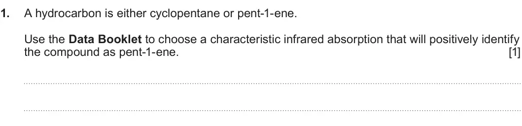 Summer 2022 Unit 4, question 1: A hydrocarbon is either cyclopentane or pent-1-ene. Use the Data Booklet to choose a characteristic infrared absorption that will positively identify the compou
