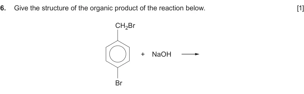 Summer 2023 Unit 4, question 6: Give the structure of the organic product of the reaction below. [1] CH2Br + NaOH Br