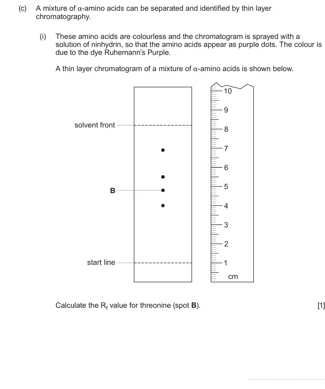 Summer 2023 Unit 4, question 11(c)(i): These amino acids are colourless and the chromatogram is sprayed with a solution of ninhydrin, so that the amino acids appear as purple dots. The colour is due