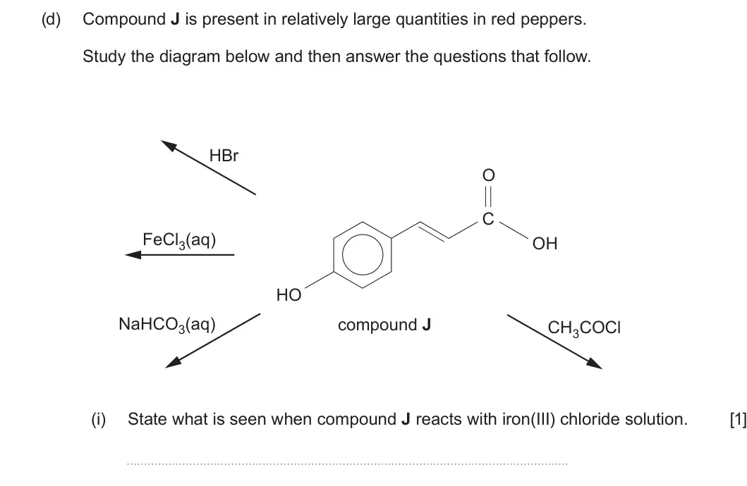 Summer 2024 Unit 4, question 7(d)(i): State what is seen when compound J reacts with iron(III) chloride solution. [1]