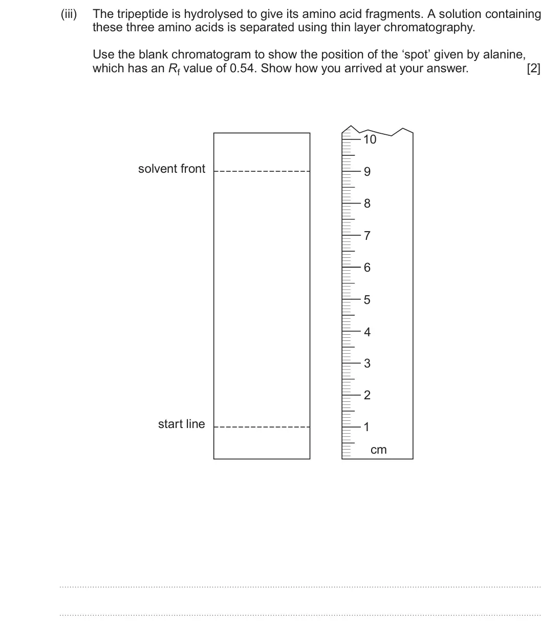 Summer 2024 Unit 4, question 11(b)(iii): The tripeptide is hydrolysed to give its amino acid fragments. A solution containing these three amino acids is separated using thin layer chromatography. Use t