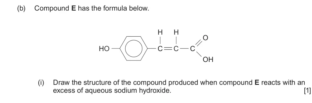 Summer 2025 Unit 4, question 5(b)(i): Draw the structure of the compound produced when compound E reacts with an excess of aqueous sodium hydroxide. [1]