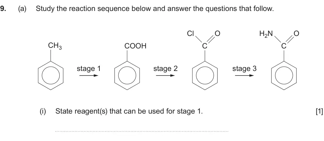 Summer 2025 Unit 4, question 9(a)(i): State reagent(s) that can be used for stage 1 [1]
