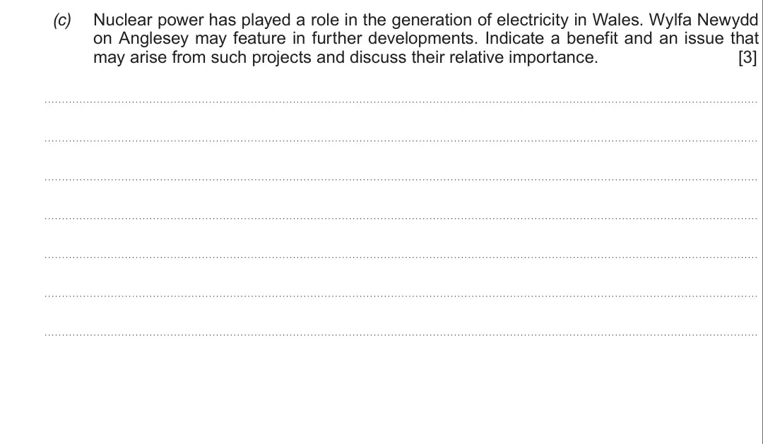 Summer 2017 Unit 3, question 2(c): Nuclear power has played a role in the generation of electricity in Wales. Wylfa Newydd on Anglesey may feature in further developments. Indicate a benefit and