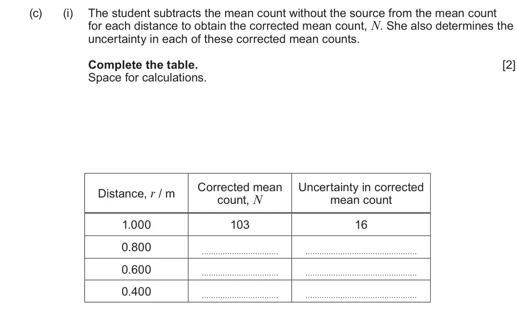Summer 2022 Unit 3, question 5(c)(i): The student subtracts the mean count without the source from the mean count for each distance to obtain the corrected mean count, N. She also determines the unc