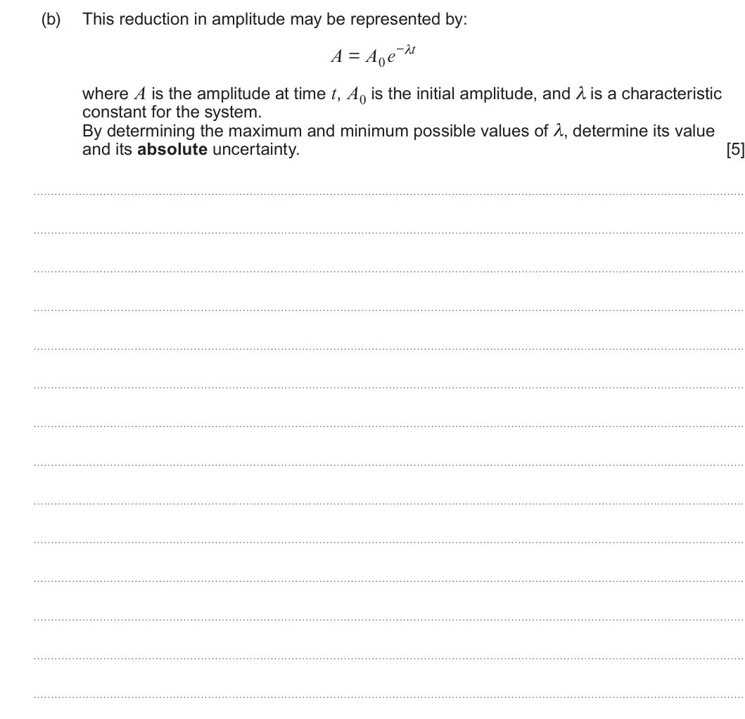 Summer 2024 Unit 3, question 5(b): This reduction in amplitude may be represented by: A = A0 e−λt where A is the amplitude at time t, A0 is the initial amplitude, and λ is a characteristic consta