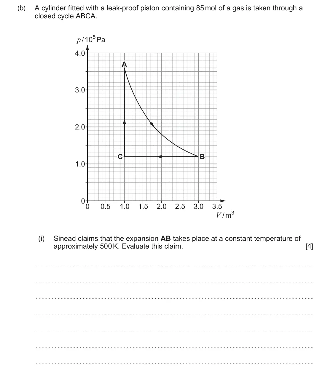 Summer 2025 Unit 3, question 1(b)(i): Sinead claims that the expansion AB takes place at a constant temperature of approximately 500 K. Evaluate this claim. [4]