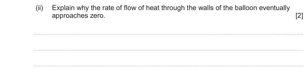 Summer 2025 Unit 3, question 2(b)(ii): Explain why the rate of flow of heat through the walls of the balloon eventually approaches zero. [2]