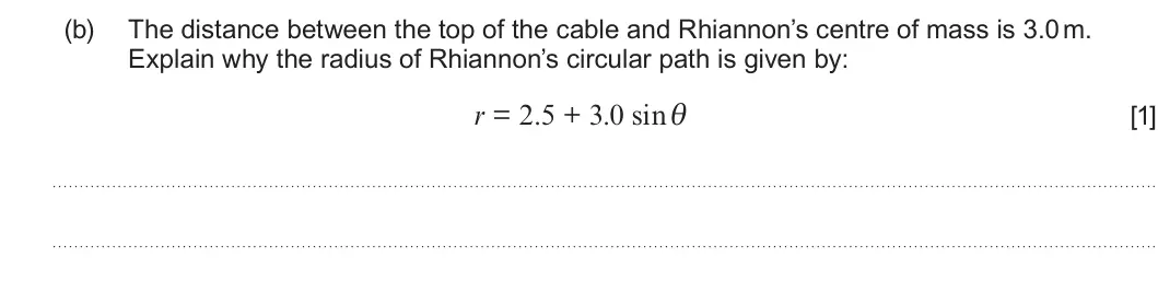 Summer 2025 Unit 3, question 5(b): The distance between the top of the cable and Rhiannon’s centre of mass is 3.0 m. Explain why the radius of Rhiannon’s circular path is given by: r = 2.5 + 3.0