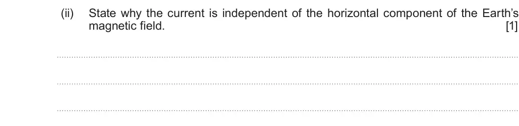 Summer 2017 Unit 4, question 5(a)(ii): State why the current is independent of the horizontal component of the Earth’s magnetic field. [1]