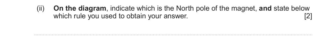 Summer 2023 Unit 4, question 4(a)(ii): On the diagram, indicate which is the North pole of the magnet, and state below which rule you used to obtain your answer. [2]