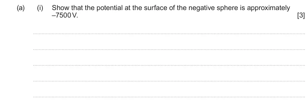 Summer 2023 Unit 4, question 6(a)(i): Show that the potential at the surface of the negative sphere is approximately –7500 V. [3]