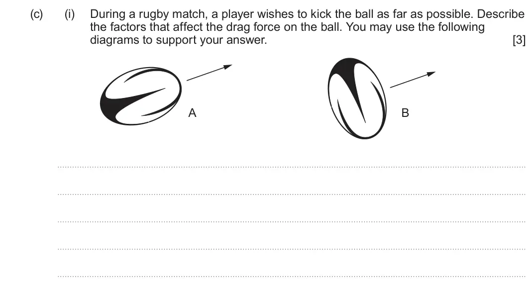 Summer 2023 Unit 4, question 9(c)(i): During a rugby match, a player wishes to kick the ball as far as possible. Describe the factors that affect the drag force on the ball. You may use the followin