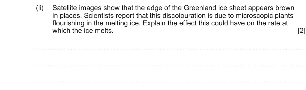 Summer 2023 Unit 4, question 10(b)(ii): Satellite images show that the edge of the Greenland ice sheet appears brown in places. Scientists report that this discolouration is due to microscopic plants