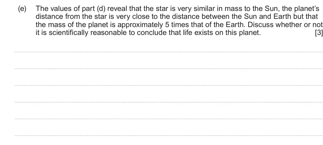Summer 2024 Unit 4, question 3(e): The values of part (d) reveal that the star is very similar in mass to the Sun, the planet’s distance from the star is very close to the distance between the Su