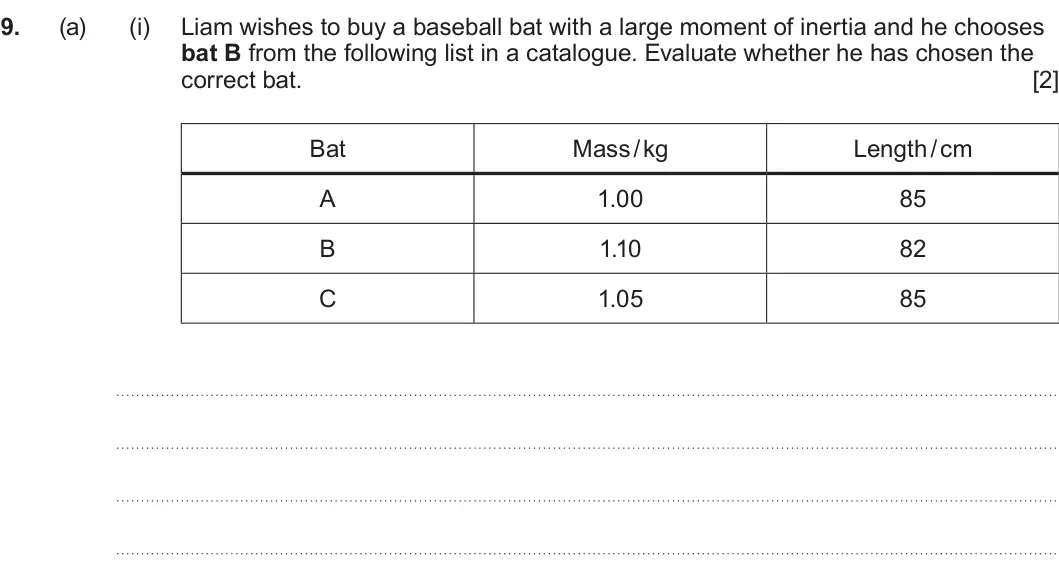 Summer 2024 Unit 4, question 9(a)(i): Liam wishes to buy a baseball bat with a large moment of inertia and he chooses bat B from the following list in a catalogue. Evaluate whether he has chosen the