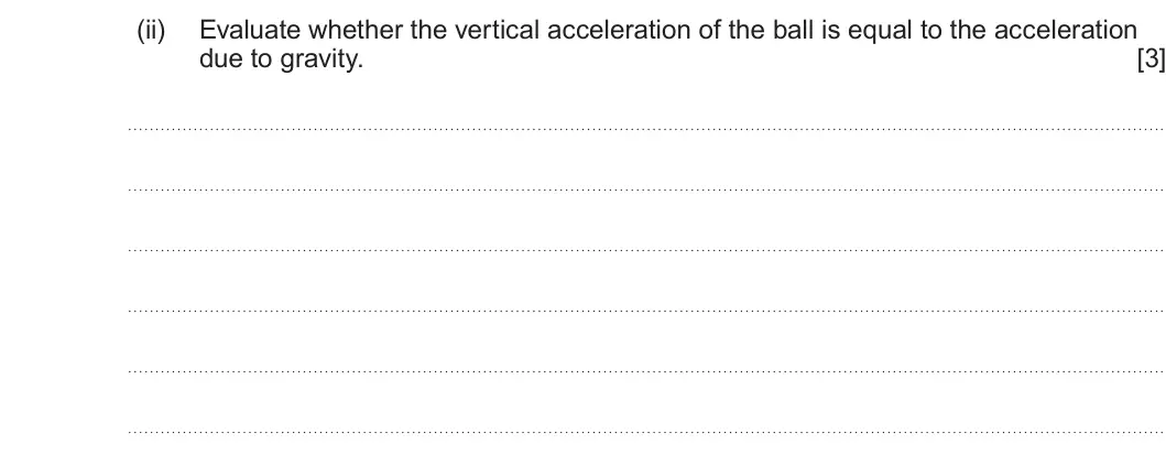 Summer 2024 Unit 4, question 9(c)(ii): Evaluate whether the vertical acceleration of the ball is equal to the acceleration due to gravity. [3]