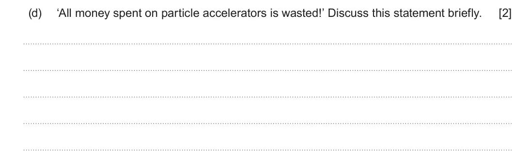 Summer 2025 Unit 4, question 4(d): ‘All money spent on particle accelerators is wasted!’ Discuss this statement briefly. [2]