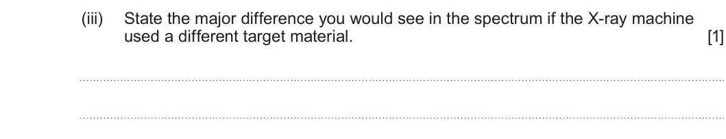 Summer 2025 Unit 4, question 8(a)(iii): State the major difference you would see in the spectrum if the X-ray machine used a different target material. [1]
