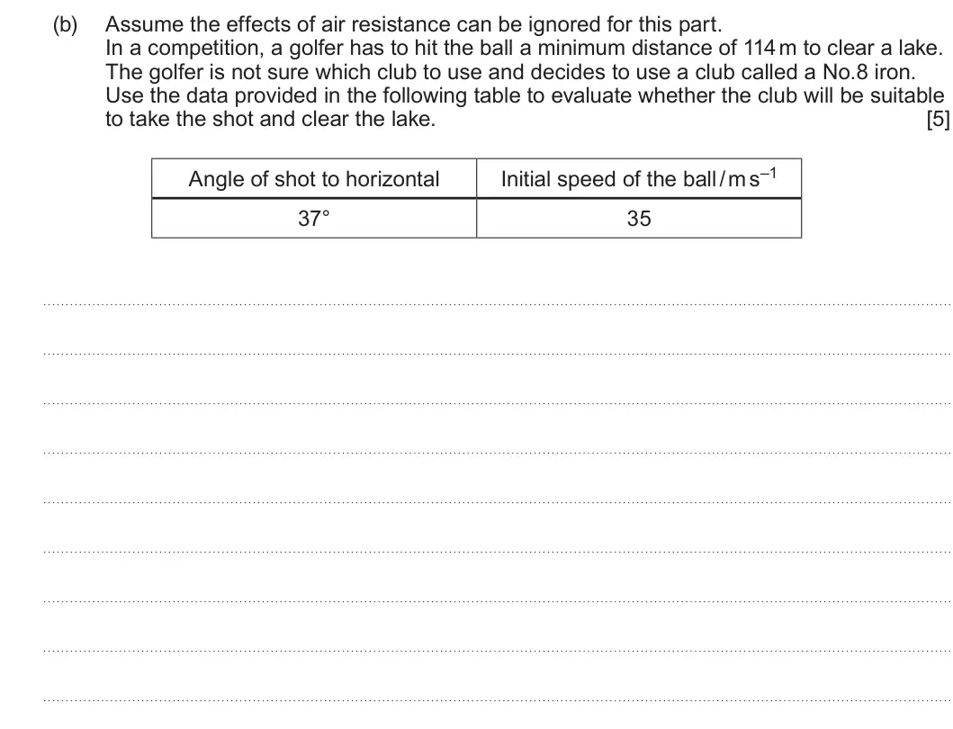 Summer 2025 Unit 4, question 9(b): Assume the effects of air resistance can be ignored for this part. In a competition, a golfer has to hit the ball a minimum distance of 114 m to clear a lake. T