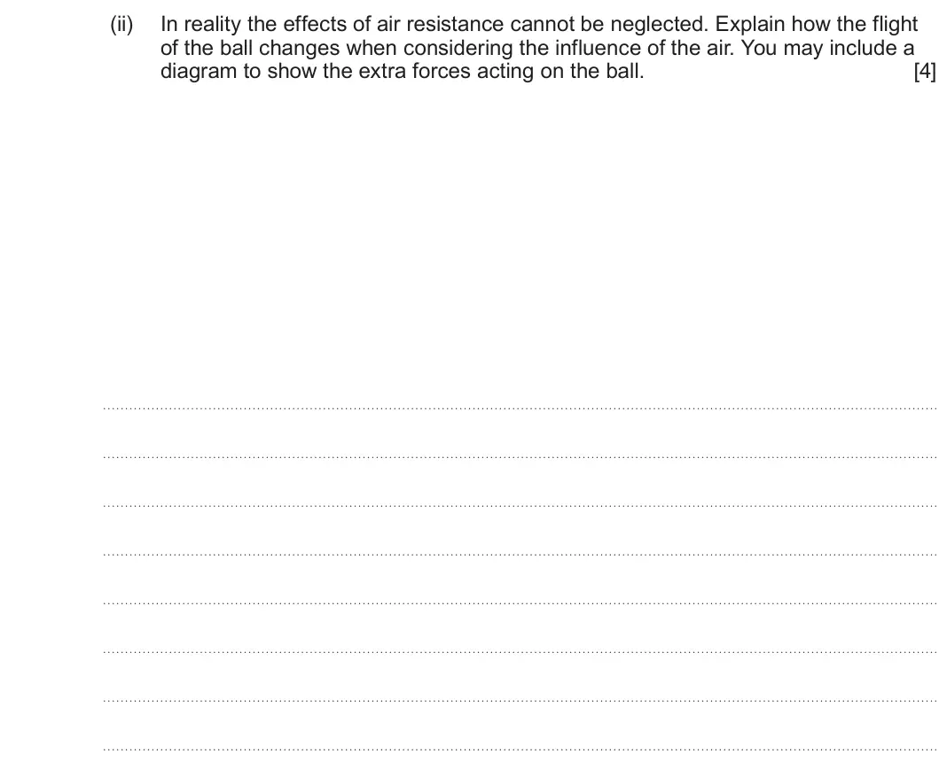 Summer 2025 Unit 4, question 9(c)(ii): In reality the effects of air resistance cannot be neglected. Explain how the flight of the ball changes when considering the influence of the air. You may incl