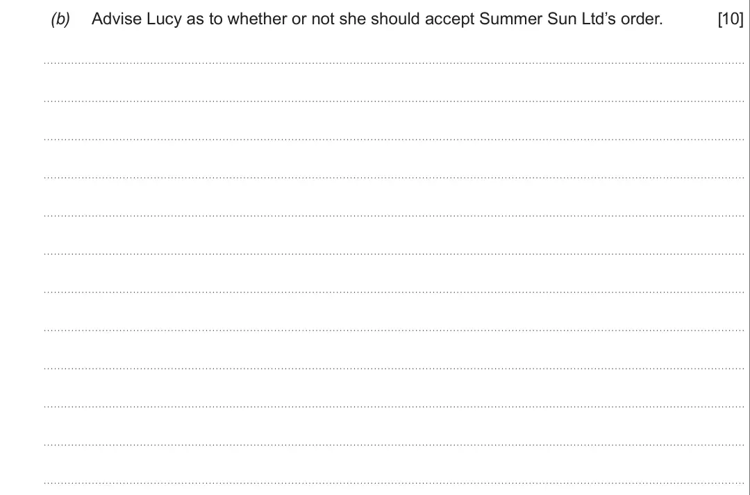 Summer 2017 Unit 3, question 5(b): Advise Lucy as to whether or not she should accept Summer Sun Ltd’s order. [10]