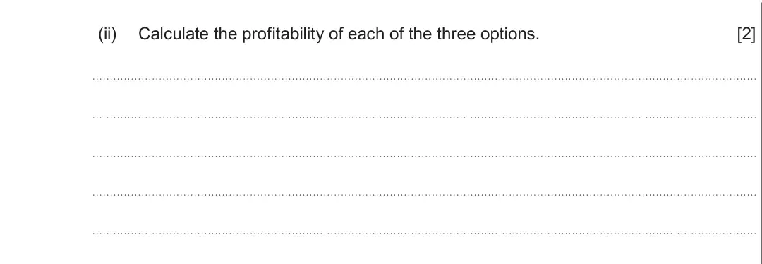 Summer 2018 Unit 3, question 3(a)(ii): Calculate the profitability of each of the three options. [2]