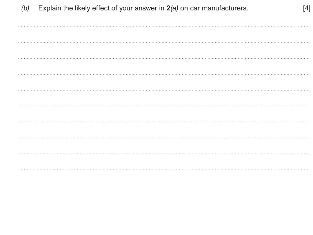 Summer 2019 Unit 3, question 2(b): Explain the likely effect of your answer in 2(a) on car manufacturers. [4]