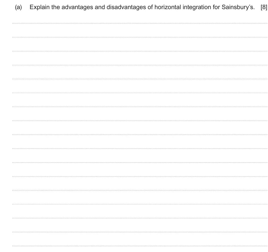 Summer 2022 Unit 3, question 2(a): Explain the advantages and disadvantages of horizontal integration for Sainsbury’s. [8]