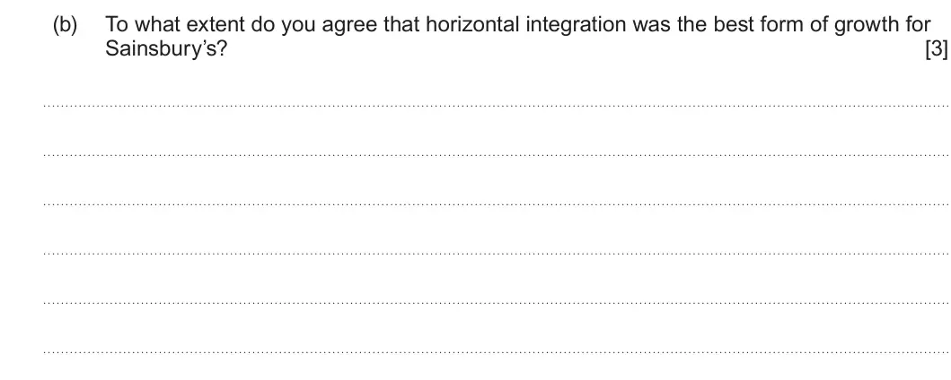 Summer 2022 Unit 3, question 2(b): To what extent do you agree that horizontal integration was the best form of growth for Sainsbury’s? [3]