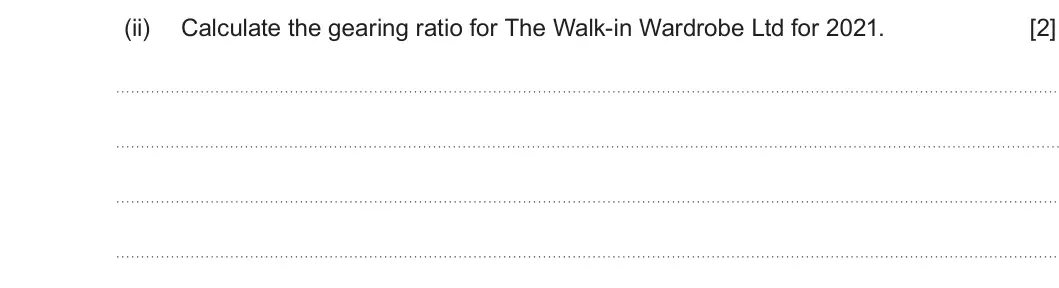 Summer 2023 Unit 3, question 2(b)(ii): Calculate the gearing ratio for The Walk-in Wardrobe Ltd for 2021. [2]