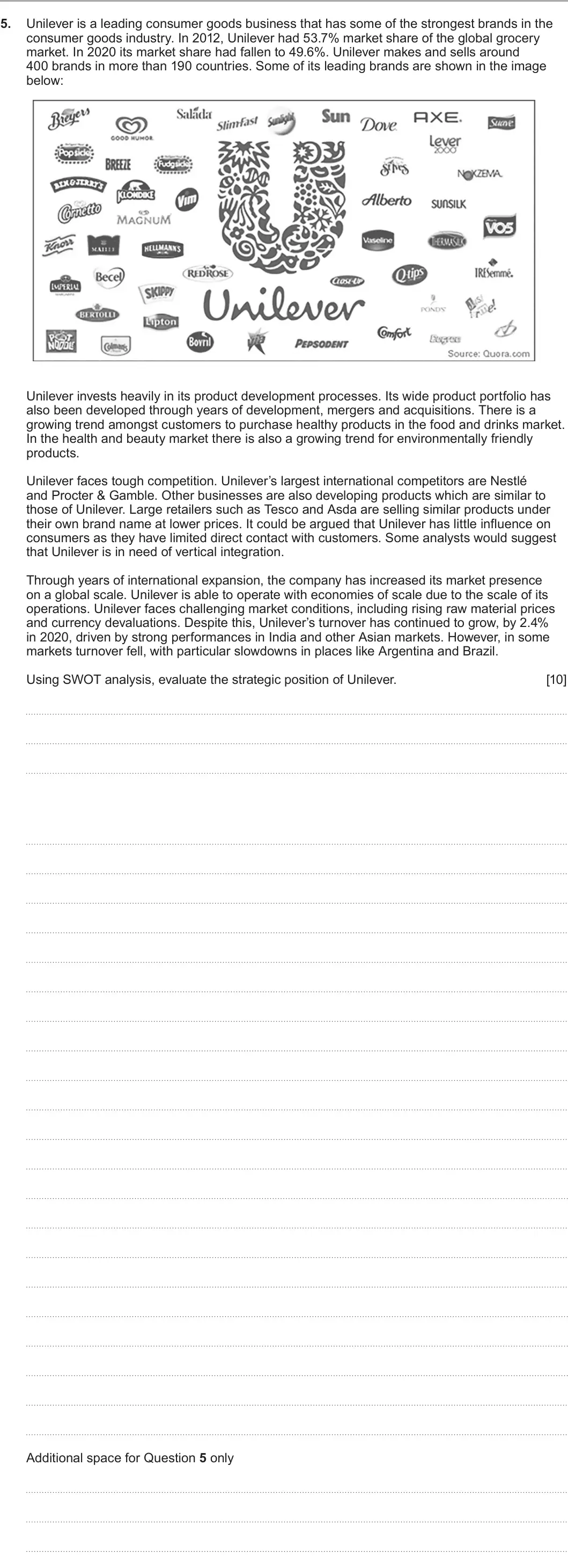 Summer 2023 Unit 3, question 5: Unilever is a leading consumer goods business that has some of the strongest brands in the consumer goods industry. In 2012, Unilever had 53.7% market share of 