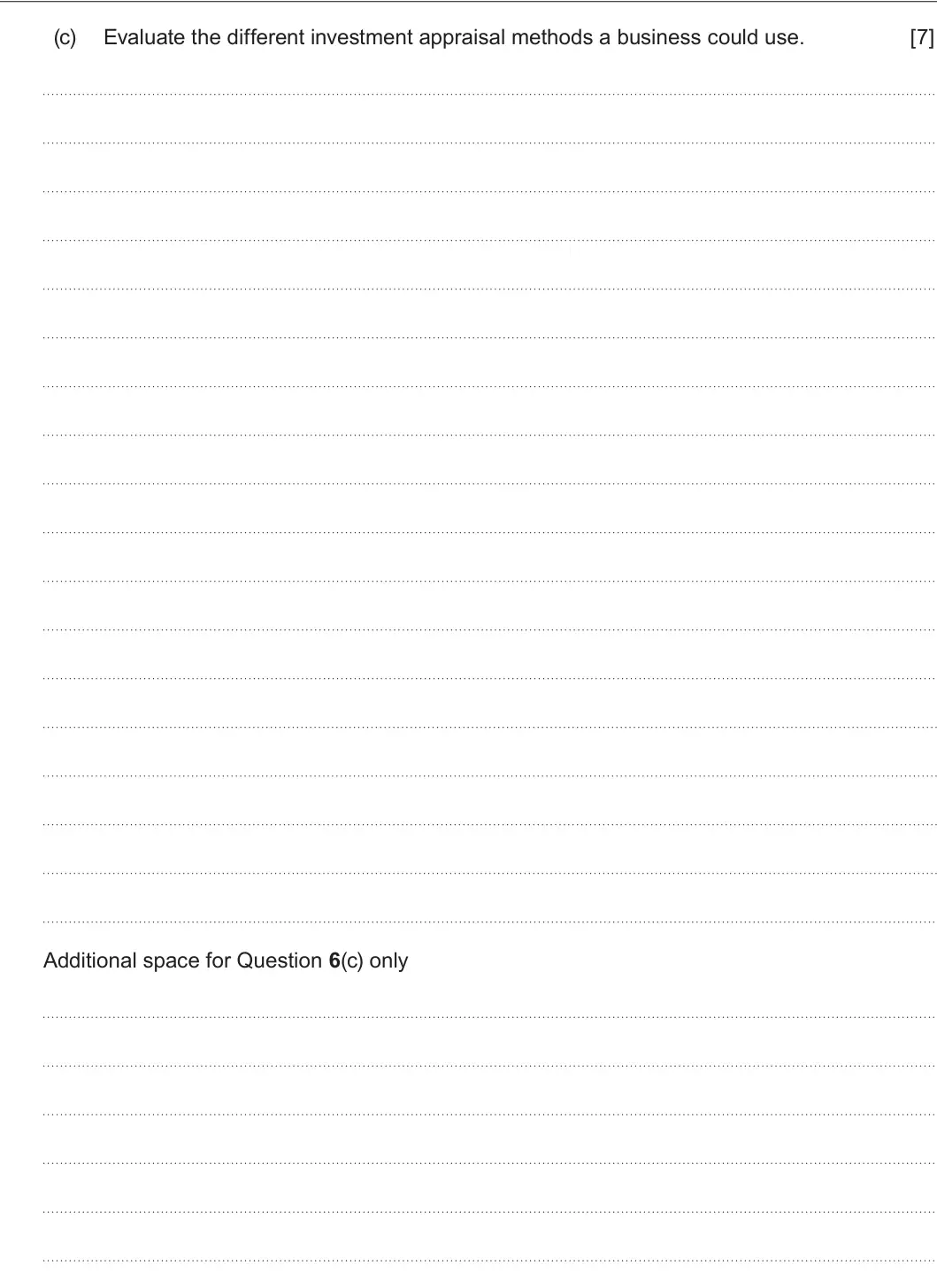 Summer 2023 Unit 3, question 6(c): Evaluate the different investment appraisal methods a business could use. [7] Additional space for Question 6(c) only