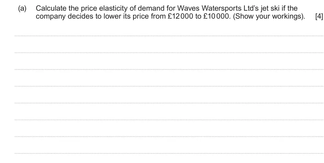 Summer 2024 Unit 3, question 1(a): Calculate the price elasticity of demand for Waves Watersports Ltd’s jet ski if the company decides to lower its price from £12 000 to £10 000. (Show your worki