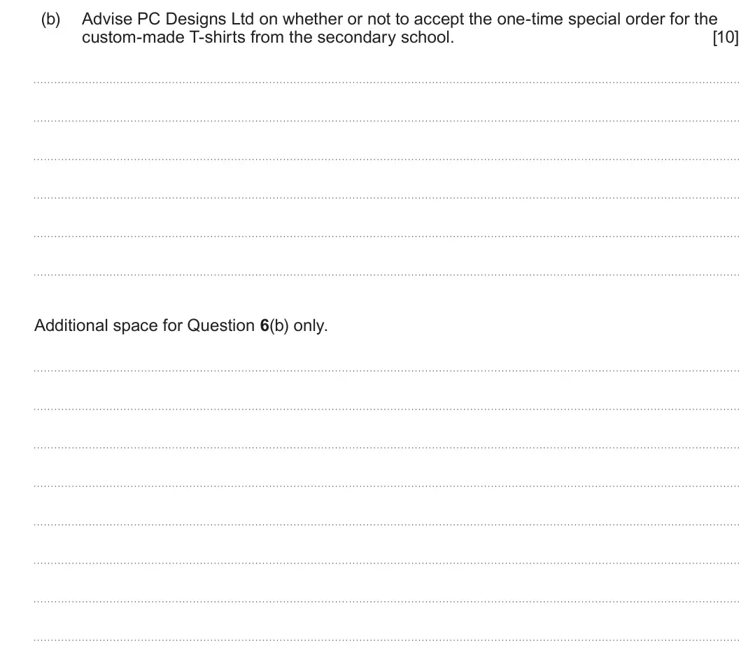 Summer 2025 Unit 3, question 6(b): Advise PC Designs Ltd on whether or not to accept the one-time special order for the custom-made T-shirts from the secondary school. [10] Additional space for Q