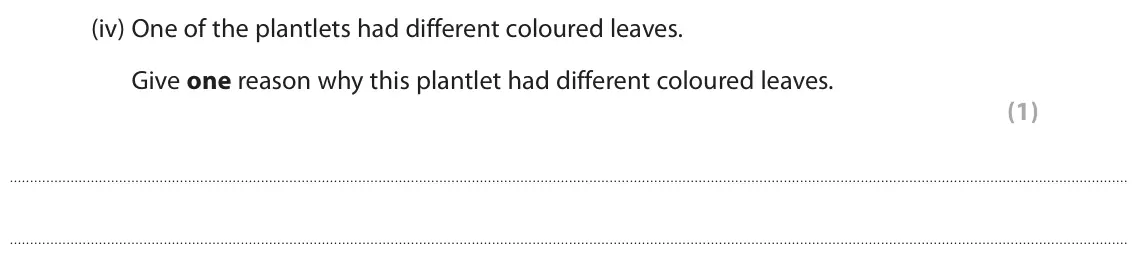 June 2018 Paper 1 Foundation, question 10(a)(iv): One of the plantlets had different coloured leaves. Give one reason why this plantlet had different coloured leaves. (1)