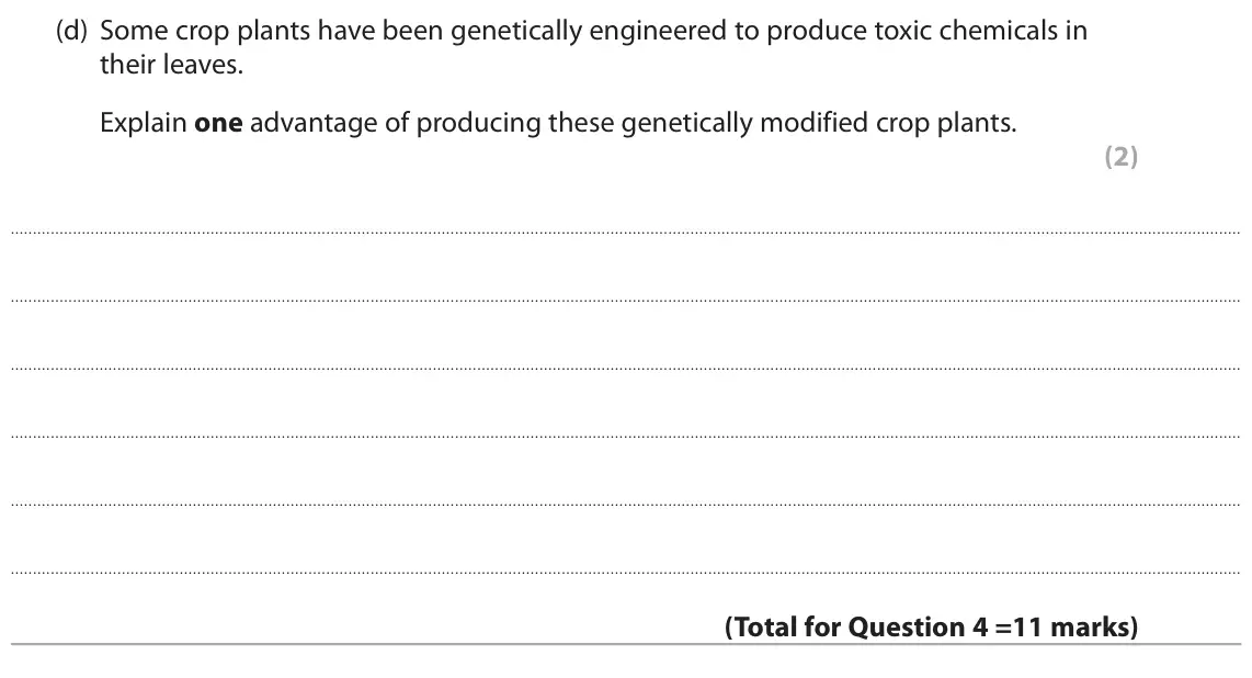 June 2019 Paper 1 Foundation, question 4(d): Some crop plants have been genetically engineered to produce toxic chemicals in their leaves. Explain one advantage of producing these genetically modified crop