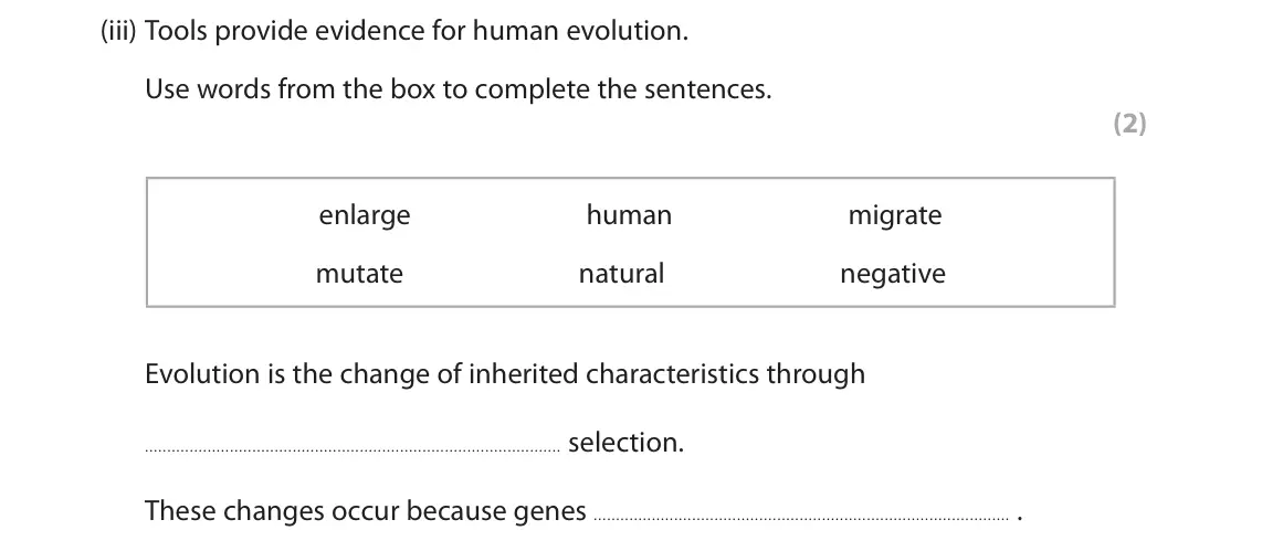 June 2022 Paper 1 Foundation, question 2(a)(iii): Tools provide evidence for human evolution. Use words from the box to complete the sentences. (2) enlarge human migrate mutate natural negative Evolution is the