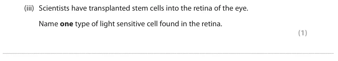 June 2023 Paper 1 Foundation, question 3(b)(iii): Scientists have transplanted stem cells into the retina of the eye. Name one type of light sensitive cell found in the retina. (1)
