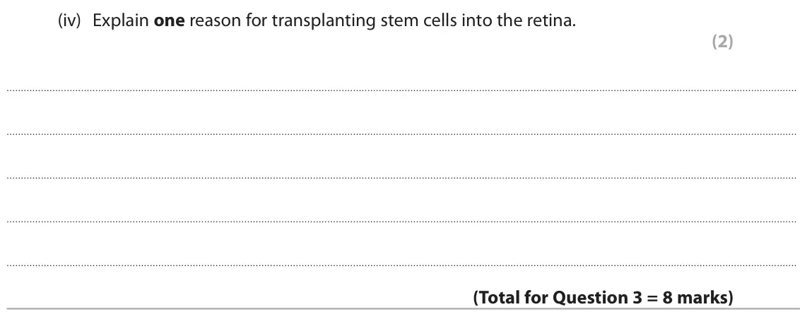 June 2023 Paper 1 Foundation, question 3(b)(iv): Explain one reason for transplanting stem cells into the retina. (2)