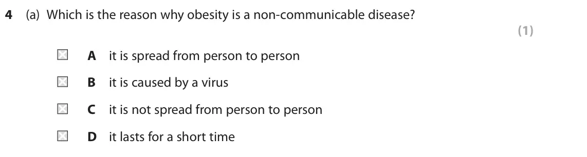 June 2023 Paper 1 Foundation, question 4(a): Which is the reason why obesity is a non-communicable disease? (1) A it is spread from person to person B it is caused by a virus C it is not spread from person