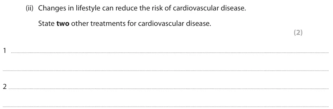 June 2023 Paper 1 Foundation, question 4(b)(ii): Changes in lifestyle can reduce the risk of cardiovascular disease. State two other treatments for cardiovascular disease. (2) 1 2