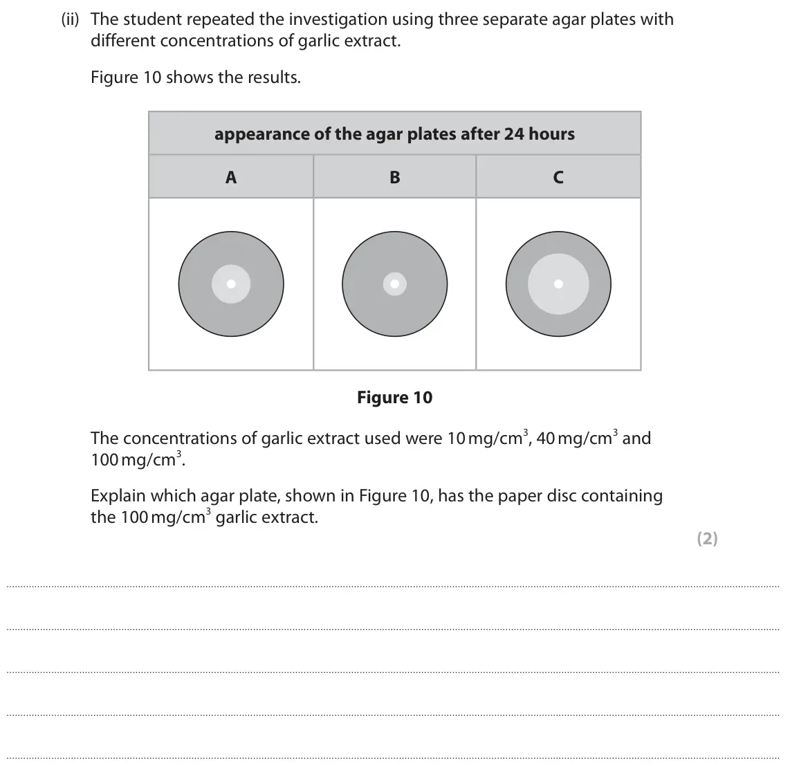 June 2023 Paper 1 Foundation, question 5(a)(ii): The student repeated the investigation using three separate agar plates with different concentrations of garlic extract. Figure 10 shows the results. appearance