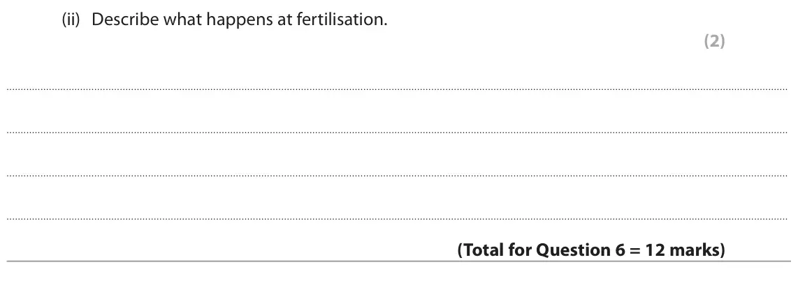 June 2023 Paper 1 Foundation, question 6(d)(ii): Describe what happens at fertilisation. (2)