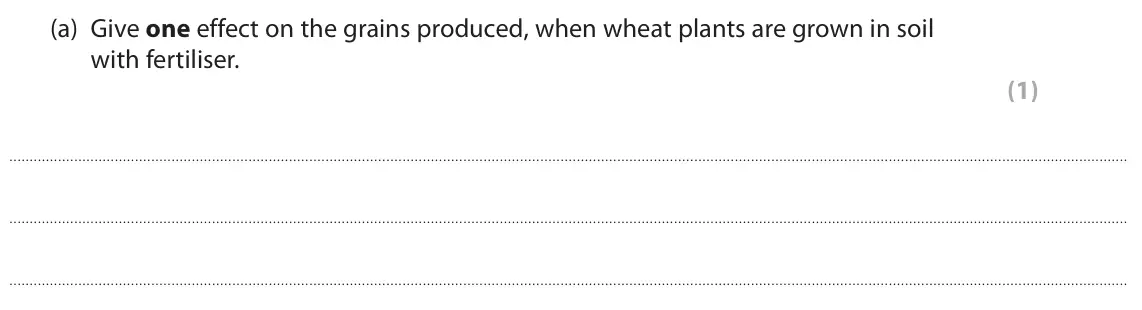 June 2023 Paper 1 Foundation, question 7(a): Give one effect on the grains produced, when wheat plants are grown in soil with fertiliser. (1)